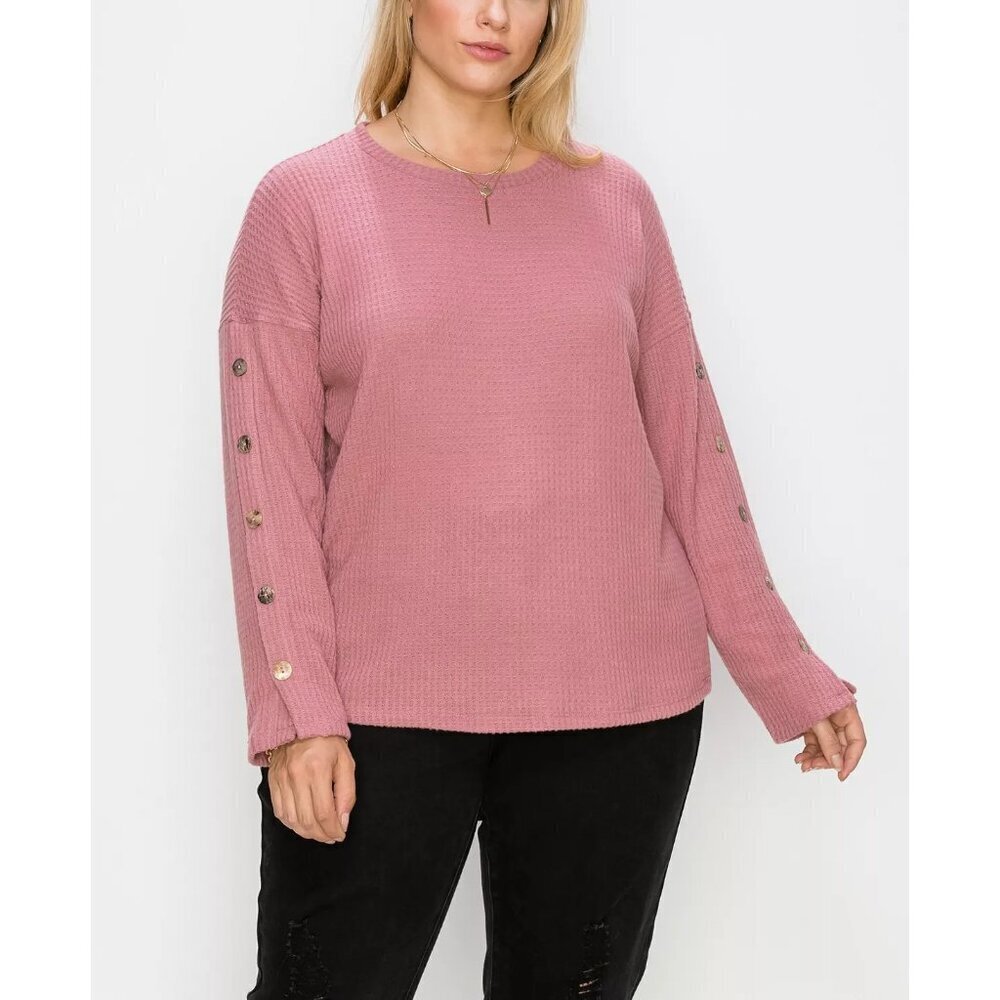 Coin 1804 Womens Plus Size 3X Brushed Waffle Crew Button Long Sleeve Top‎ 122